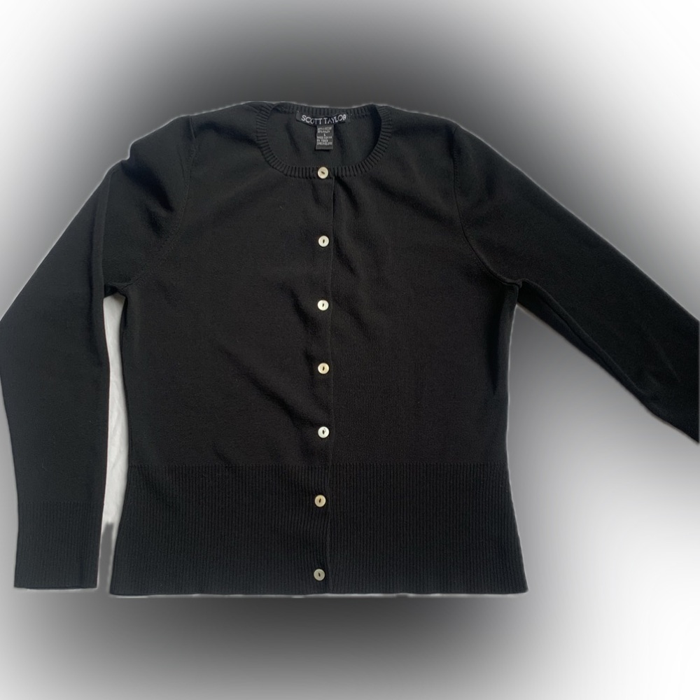 Scott Taylor black cardigan, medium. ( label says large but it shrunk)